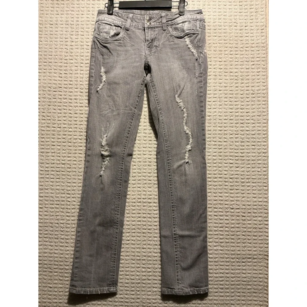 Vigoss Straight Jeans Gray Distressed Flap,pockets 3 28x 31 1/2 Women Low Rise